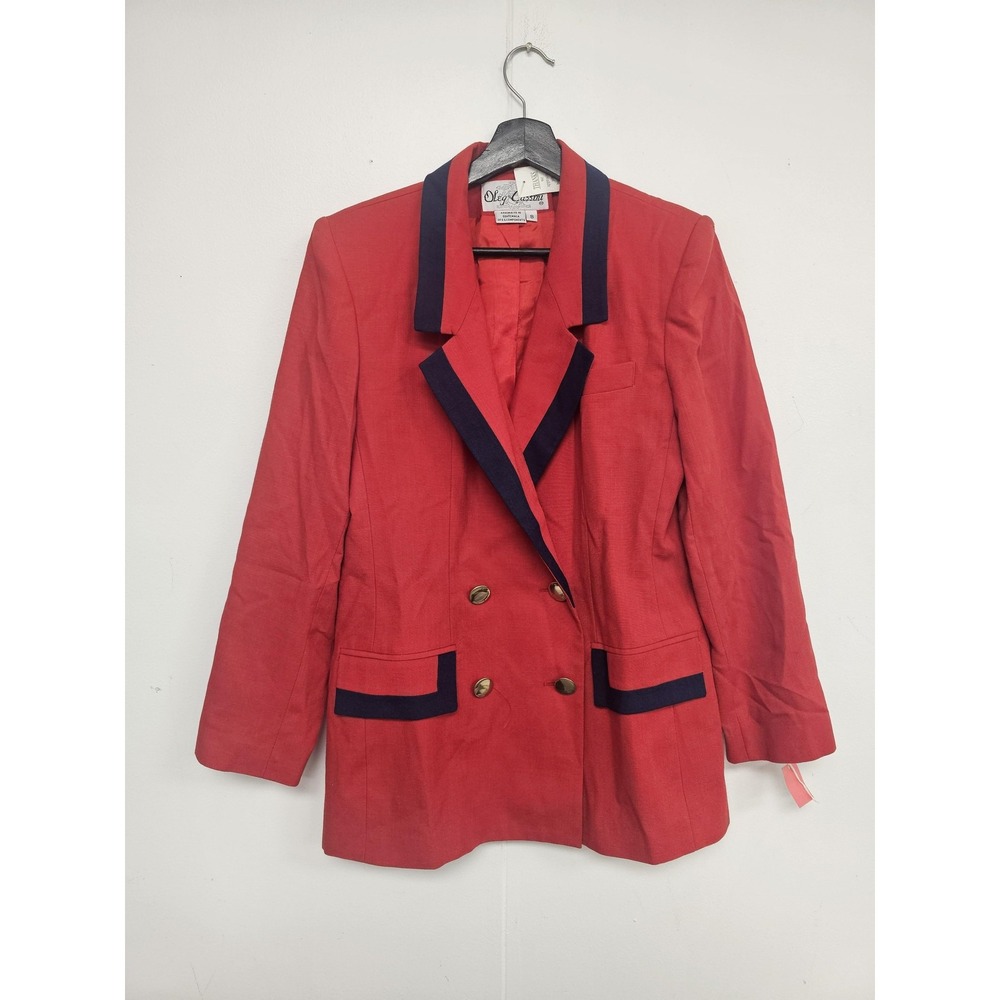 Vintage Oleg Cassini Blazer Womens 8 Red Navy Trim Double Breasted Preppy 80s